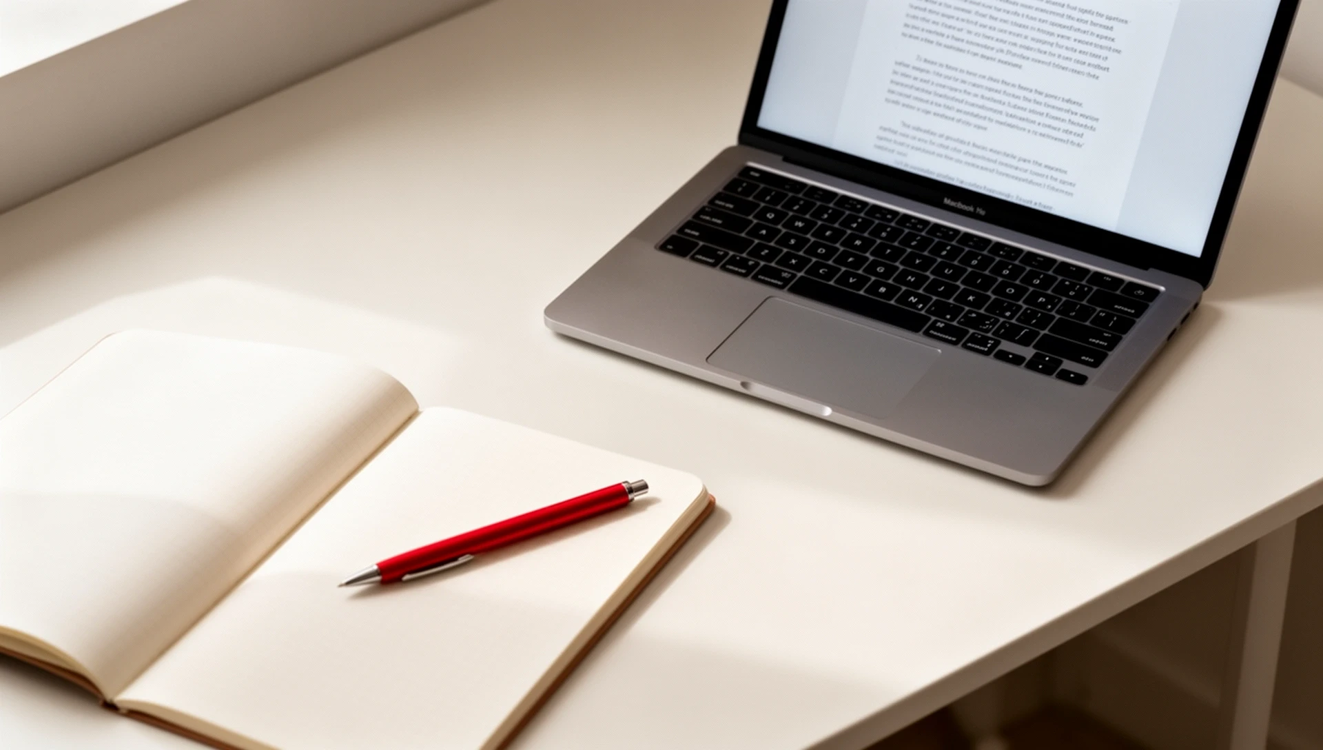 Textredaktion Arbeitsplatz mit Laptop, Notizbuch und Korrekturstift